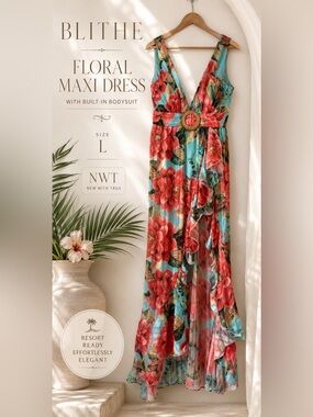 Blithe Floral Plunge Neck Ruffle Hem Maxi Dress  NWT Size L